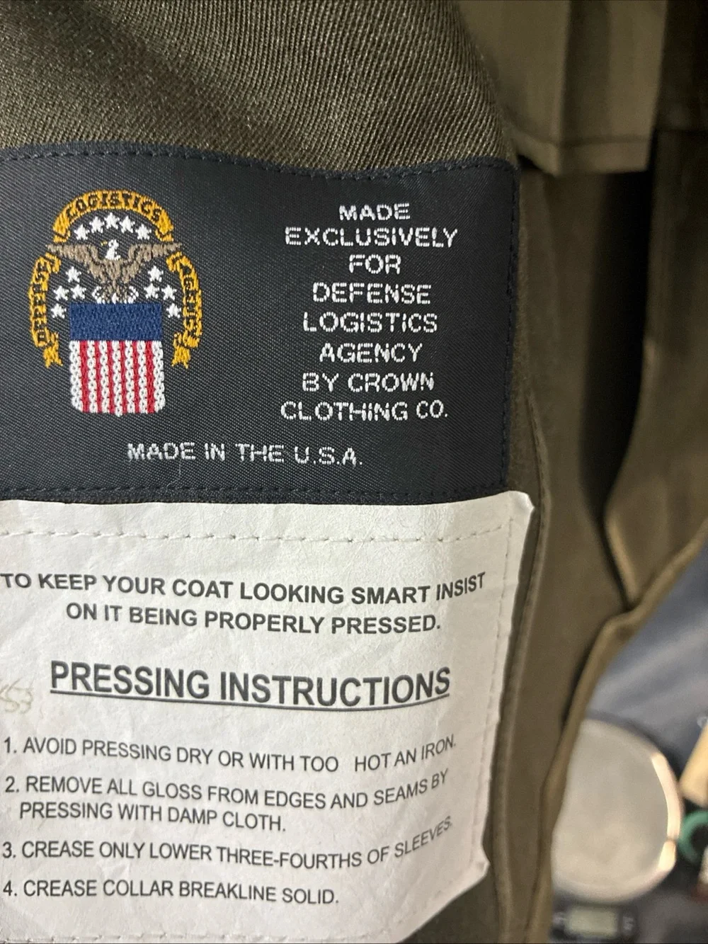 Military-Style Coat Made for Defense Logistics Agency - Olive with White Label
